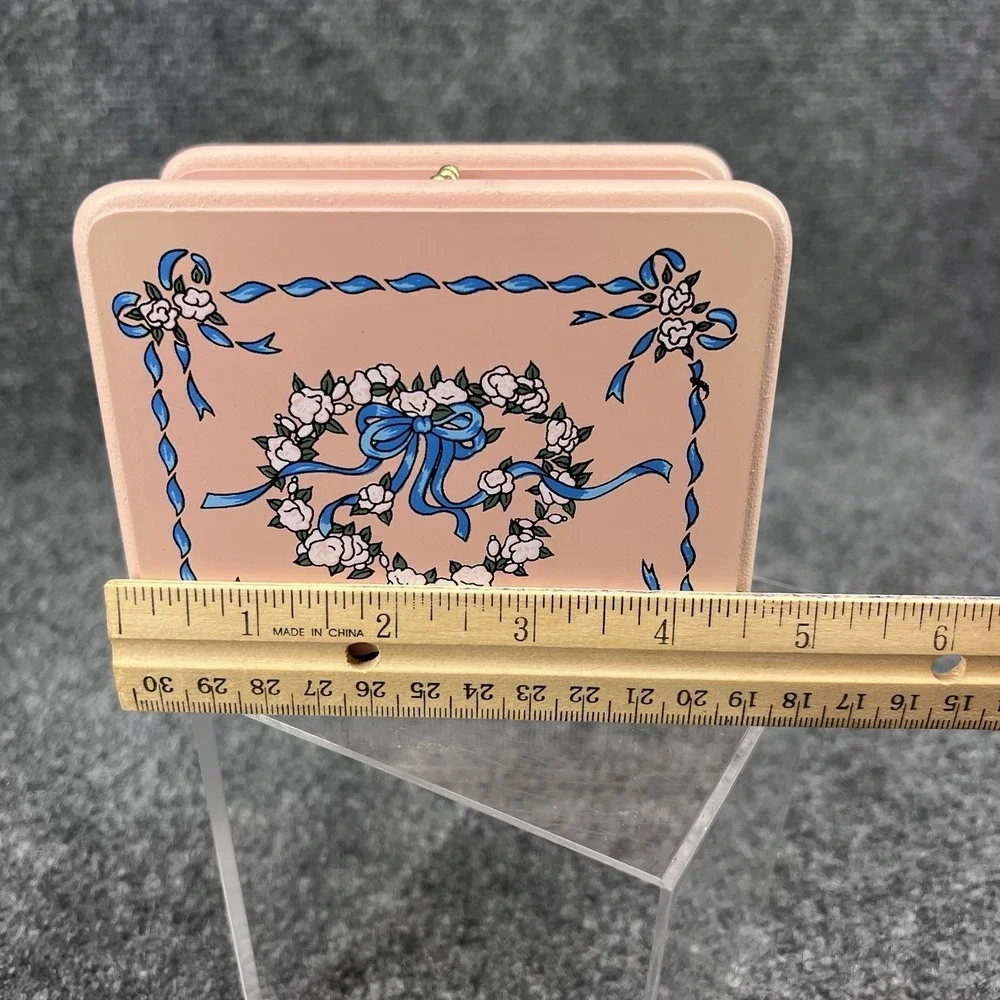 Vtg Set of 6 Pink Wood & Cork Square Coasters & Floral Blue Ribbon Storage Box